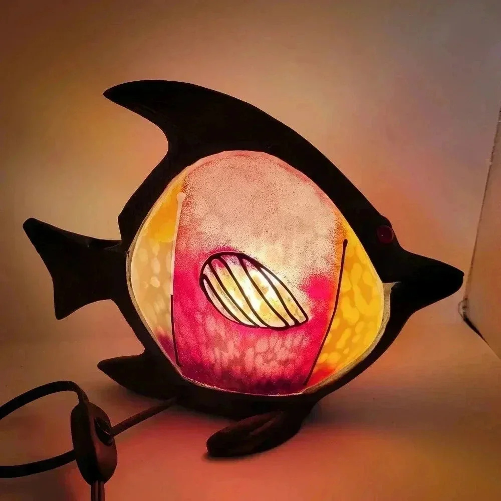 VTG  Shanghai Crafts Brass Metal Lamp - Fish - Glass elements - red, yellow 80's